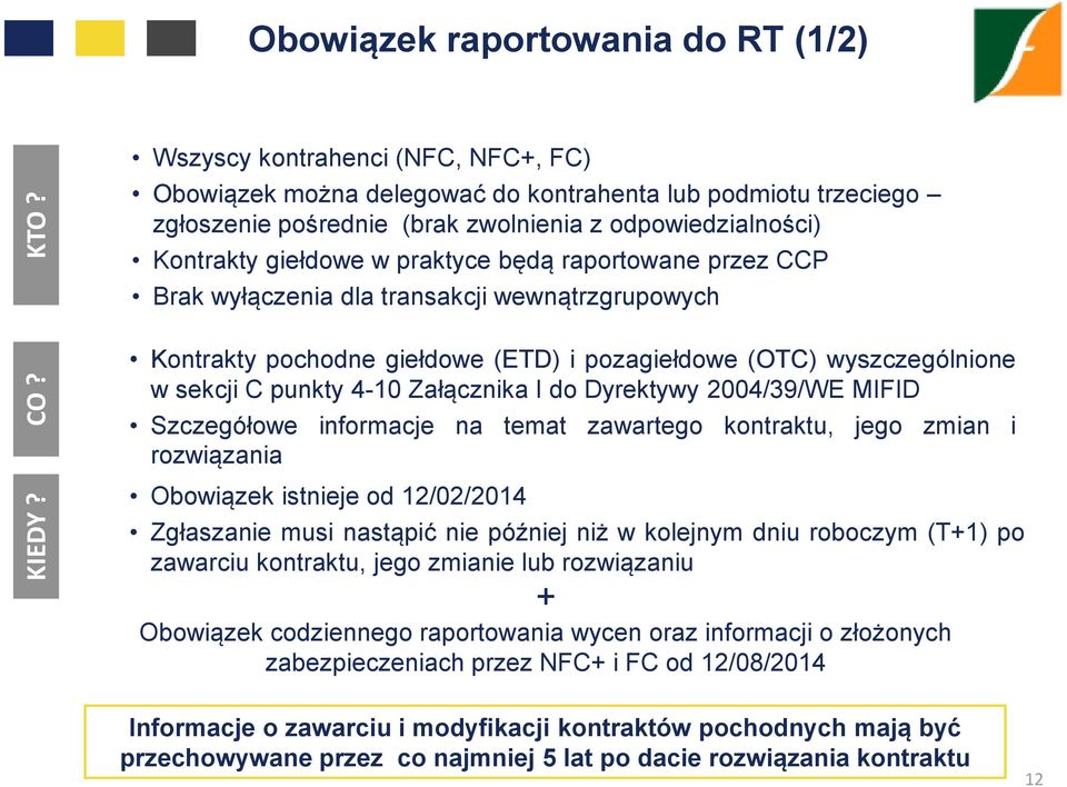 Kontrakty giełdowe w praktyce będą raportowane przez CCP Brak wyłączenia dla transakcji wewnątrzgrupowych Kontrakty pochodne giełdowe (ETD) i pozagiełdowe (OTC) wyszczególnione w sekcji C punkty 4-10