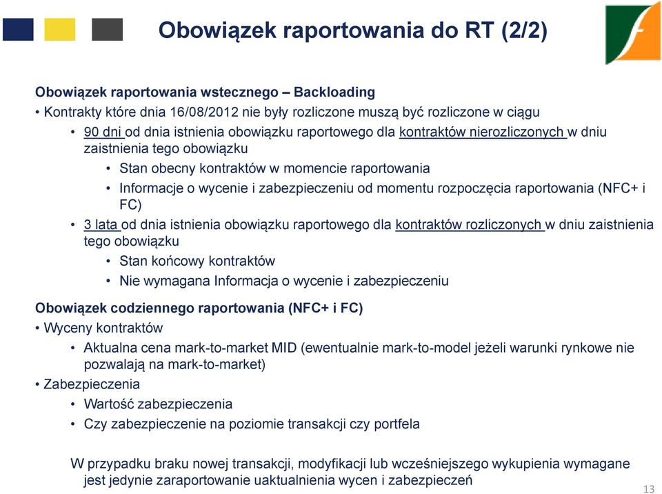 (NFC+ i FC) 3 lata od dnia istnienia obowiązku raportowego dla kontraktów rozliczonych w dniu zaistnienia tego obowiązku Stan końcowy kontraktów Nie wymagana Informacja o wycenie i zabezpieczeniu