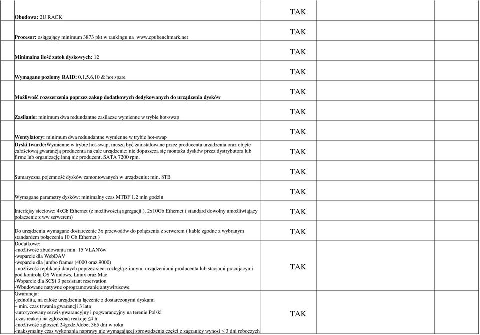 redundantne zasilacze wymienne w trybie hot-swap Wentylatory: minimum dwa redundantne wymienne w trybie hot-swap Dyski twarde:wymienne w trybie hot-swap, muszą być zainstalowane przez producenta
