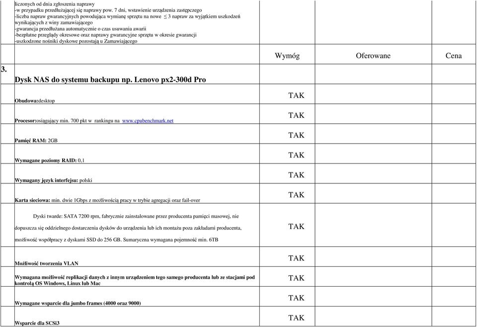 automatycznie o czas usuwania awarii -bezpłatne przeglądy okresowe oraz naprawy gwarancyjne sprzętu w okresie gwarancji -uszkodzone nośniki dyskowe pozostają u Zamawiającego Dysk NAS do systemu