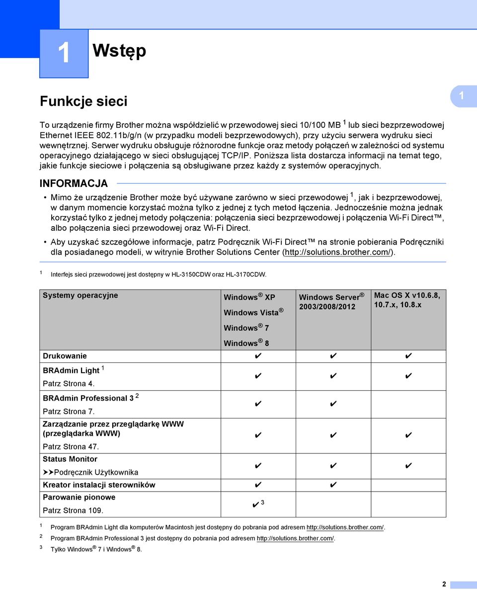 Serwer wydruku obsługuje różnorodne funkcje oraz metody połączeń w zależności od systemu operacyjnego działającego w sieci obsługującej TCP/IP.