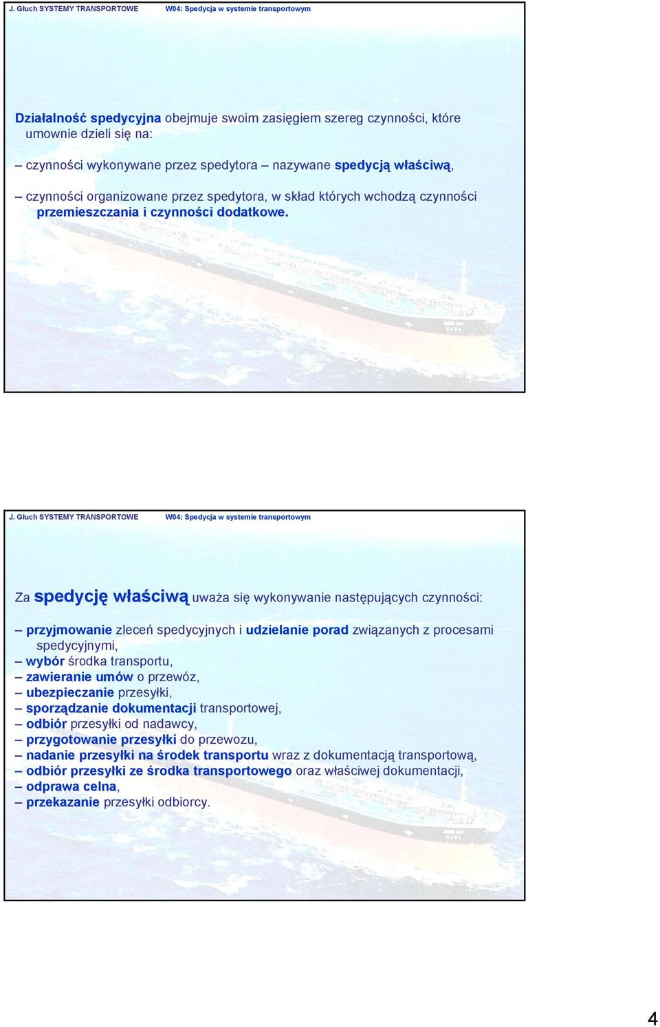 Głuch SYSTEMY TRANSPORTOWE W04: Spedycja w systemie transportowym Za spedycję właściwą uważa się wykonywanie następujących czynności: przyjmowanie zleceń spedycyjnych i udzielanie porad związanych z