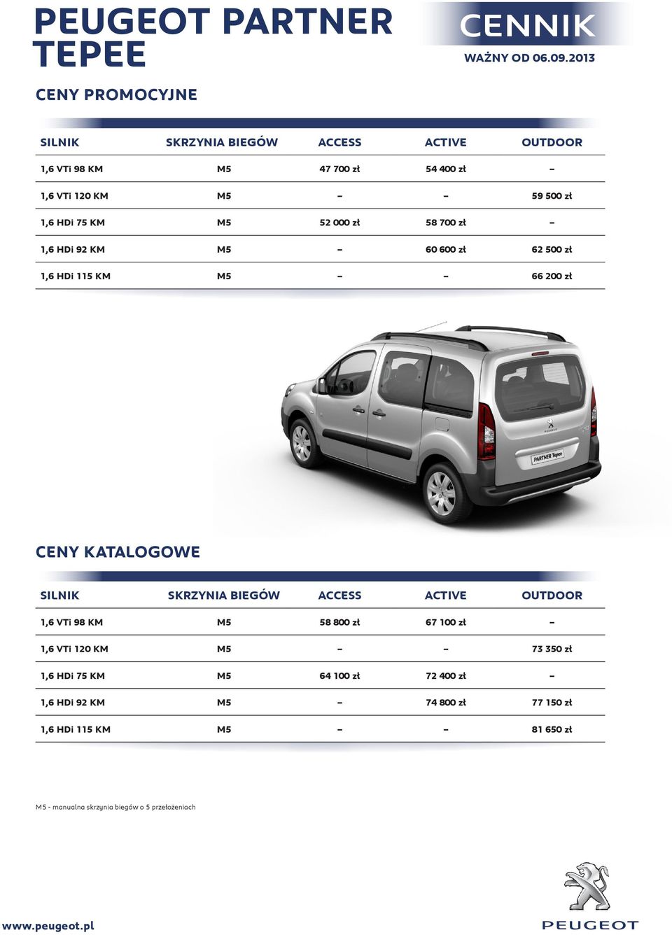 58 700 zł 1,6 HDi 92 KM M5 60 600 zł 62 500 zł 1,6 HDi 115 KM M5 66 200 zł CENY KATALOGOWE SILNIK SKRZYNIA BIEGÓW ACCESS ACTIVE OUTDOOR 1,6