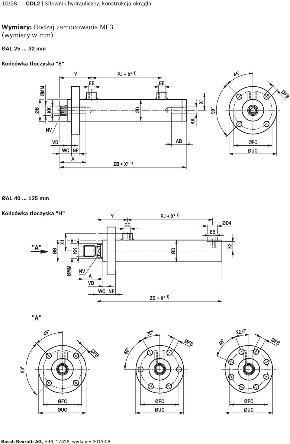 .. 32 mm Końcówka tłoczyska "E" Y PJ + X* 1) 45 ØFB VD WC Y PJ + X* 1) ØB X1 KK ØD X2 NV