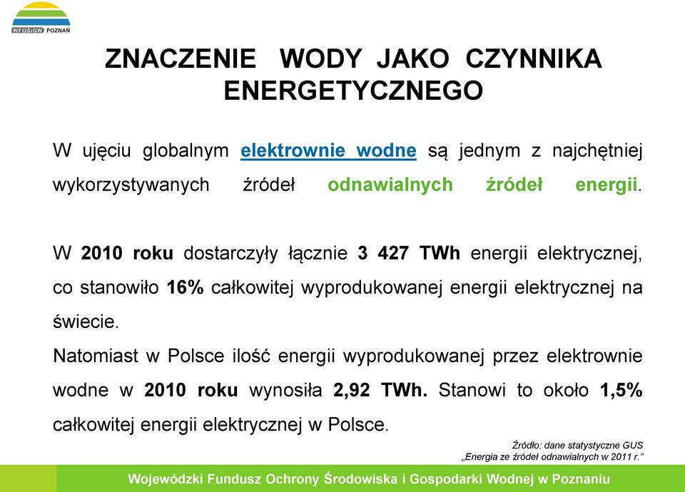 W 2010 roku dostarczyły łącznie 3 427 TWh energii elektrycznej, co stanowiło 16% całkowitej wyprodukowanej energii elektrycznej na