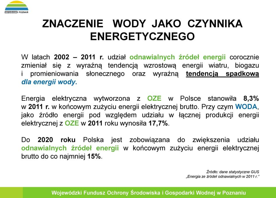 energii wody. Energia elektryczna wytworzona z OZE w Polsce stanowiła 8,3% w 2011 r. w końcowym zużyciu energii elektrycznej brutto.