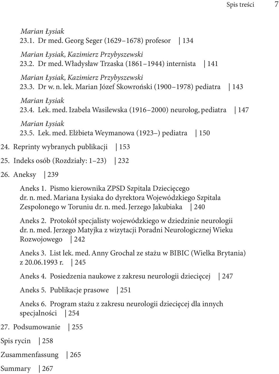 Reprinty wybranych publikacji 153 25. Indeks osób (Rozdziały: 1 23) 232 26. Aneksy 239 Aneks 1. Pismo kierownika ZPSD Szpitala Dziecięcego dr. n. med.