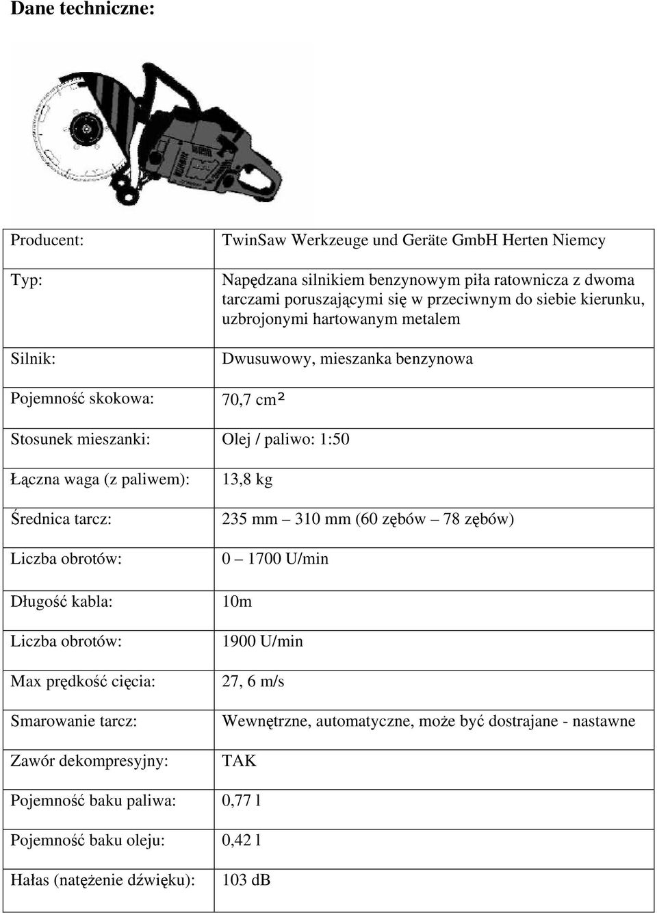 paliwem): Średnica tarcz: Liczba obrotów: Długość kabla: Liczba obrotów: Max prędkość cięcia: Smarowanie tarcz: Zawór dekompresyjny: Pojemność baku paliwa: Pojemność baku oleju: