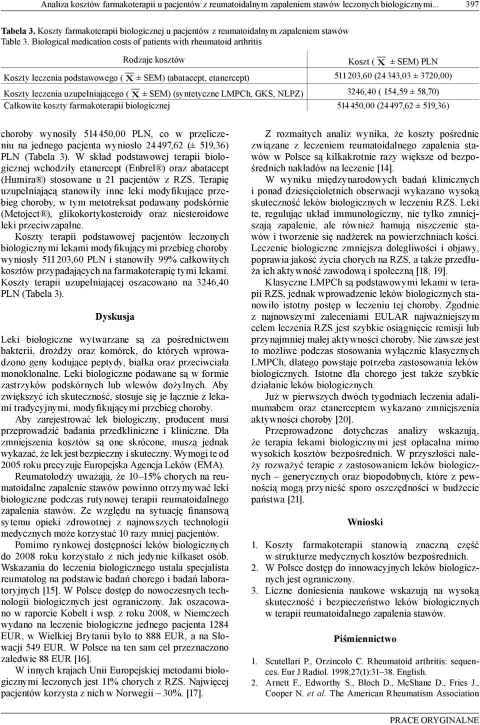 Biological medication costs of patients with rheumatoid arthritis Rodzaje kosztów Koszt ( x ± SEM) PLN Koszty leczenia podstawowego ( x ± SEM) (abatacept, etanercept) 5 23,6 (24 343,3 ± 372,) Koszty