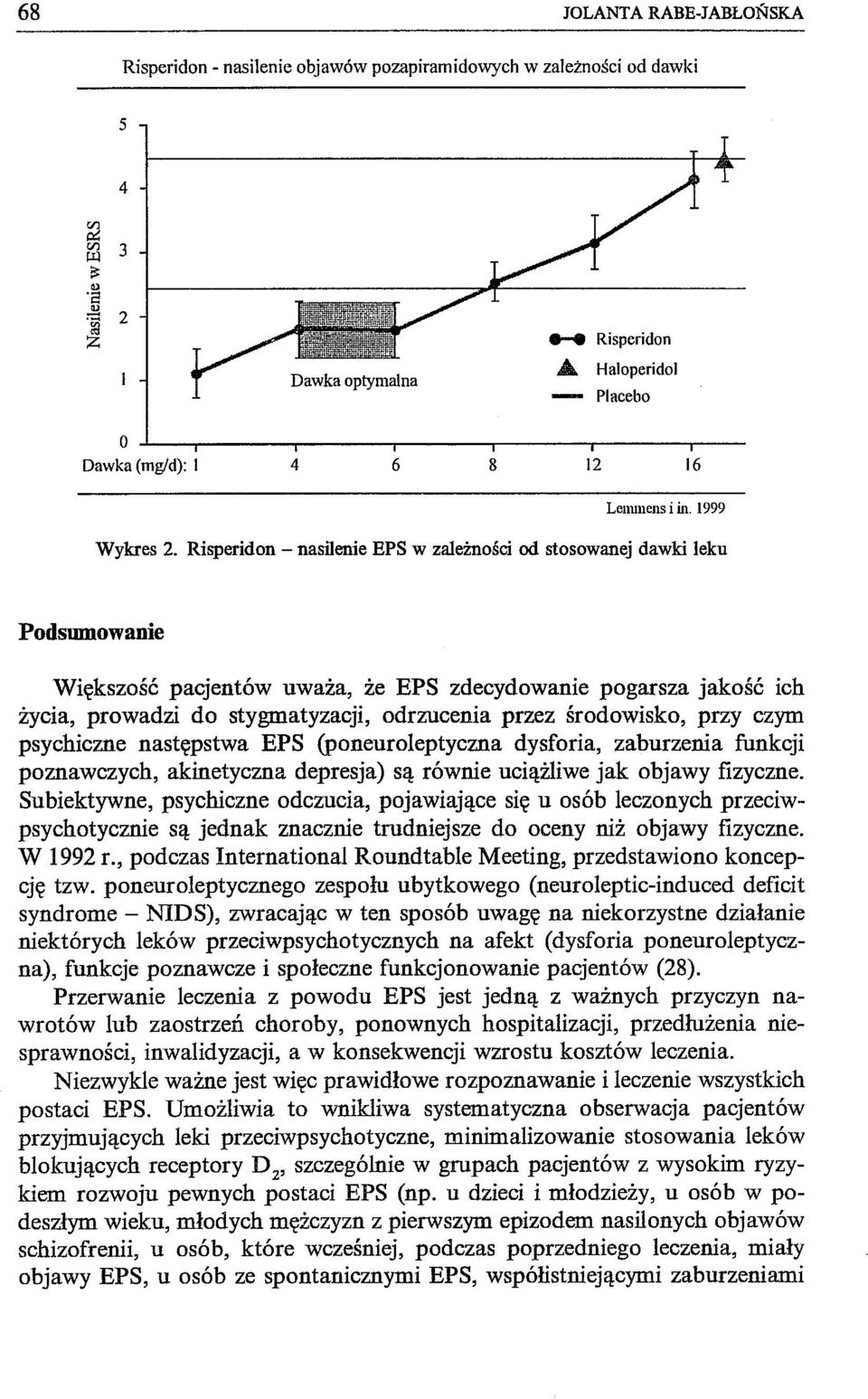 Risperidon - nasilenie BPS w zależności od stosowanej dawki leku Podsumowanie Większość pacjentów uważa, że EPS zdecydowanie pogarsza jakość ich życia, prowadzi do stygmatyzacji, odrzucenia przez