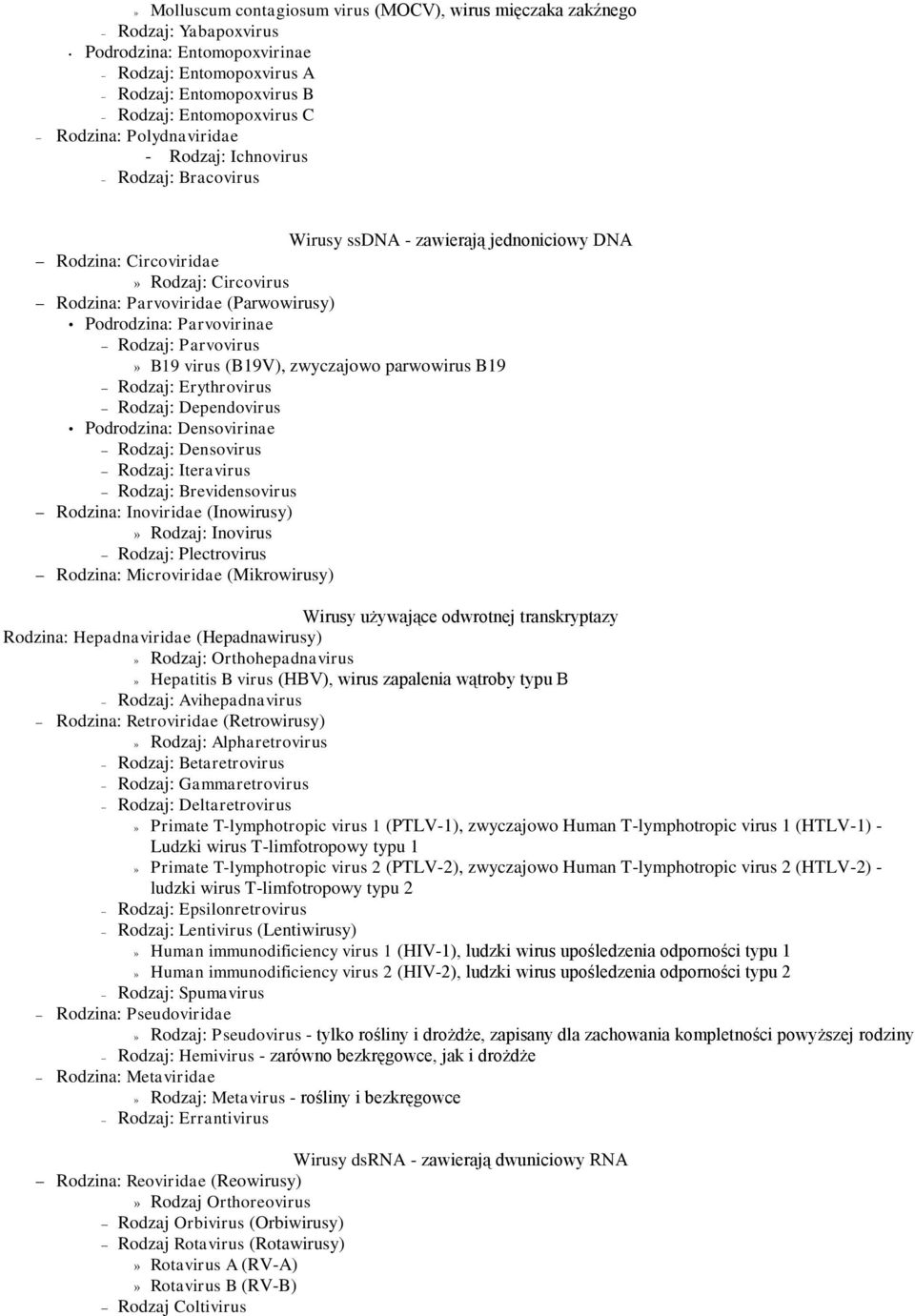 Rodzaj: Parvovirus» B19 virus (B19V), zwyczajowo parwowirus B19 Rodzaj: Erythrovirus Rodzaj: Dependovirus Podrodzina: Densovirinae Rodzaj: Densovirus Rodzaj: Iteravirus Rodzaj: Brevidensovirus