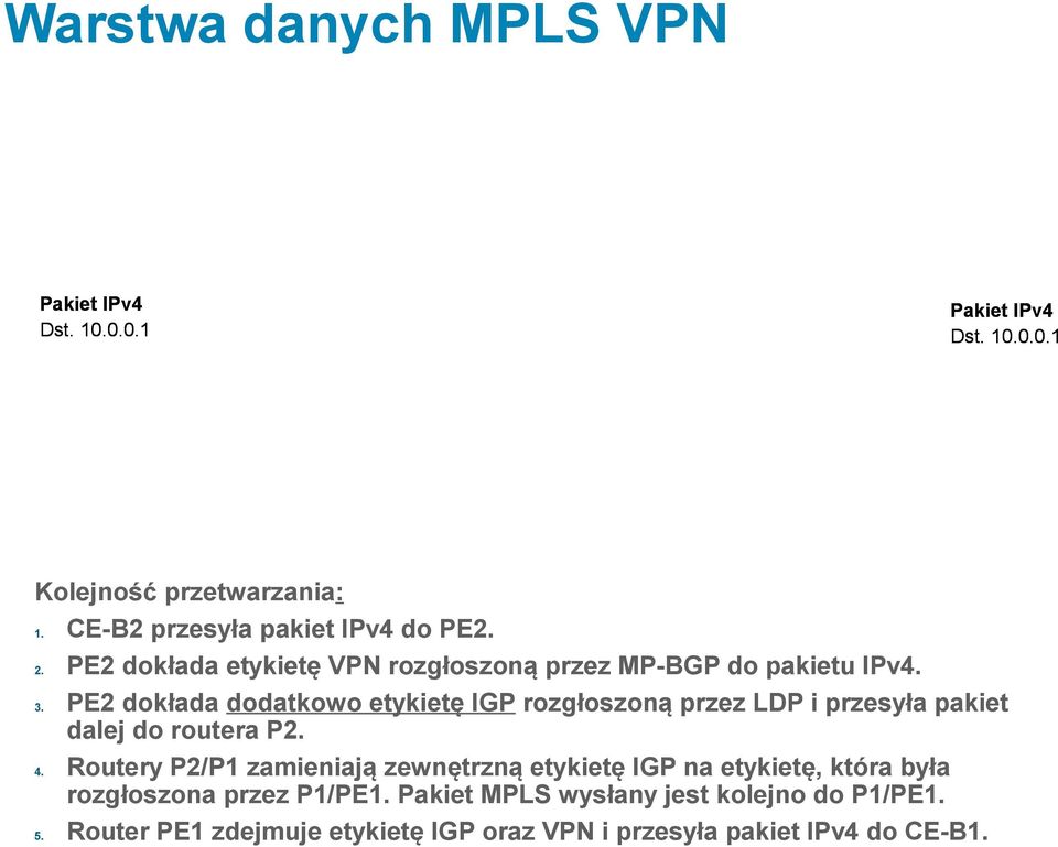 PE2 dokłada dodatkowo etykietę IGP rozgłoszoną przez LDP i przesyła pakiet dalej do routera P2. 4.