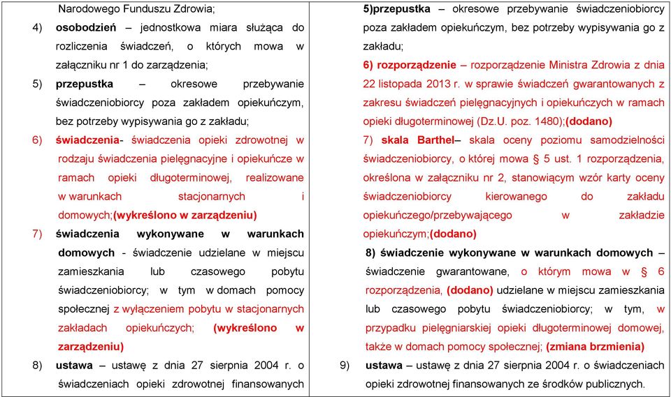 realizowane w warunkach stacjonarnych i domowych;(wykreślono w zarządzeniu) 7) świadczenia wykonywane w warunkach domowych - świadczenie udzielane w miejscu zamieszkania lub czasowego pobytu