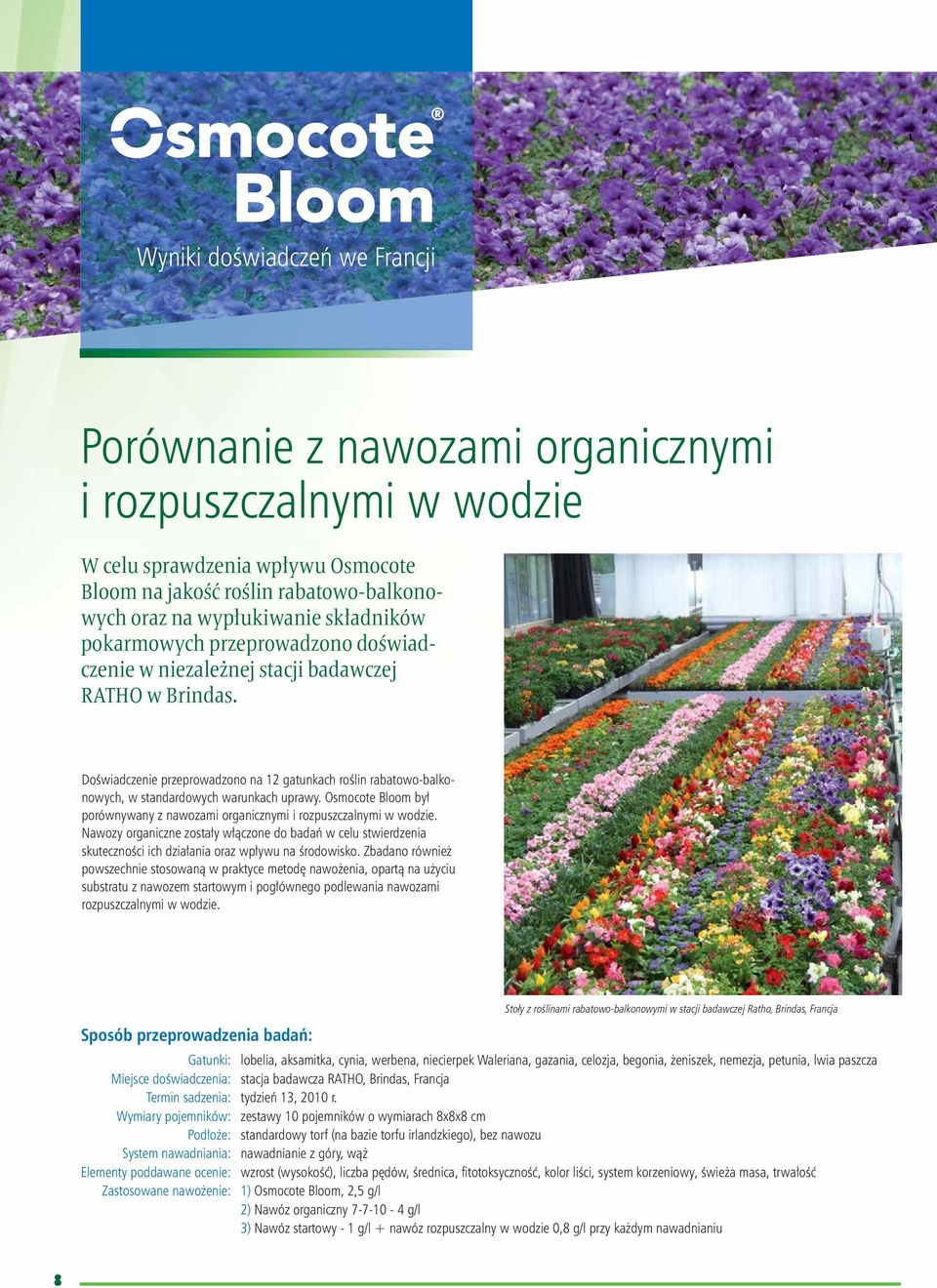 Doświadczenie przeprowadzono na 12 gatunkach roślin rabatowo-balkonowych, w standardowych warunkach uprawy. był porównywany z nawozami organicznymi i rozpuszczalnymi w wodzie.
