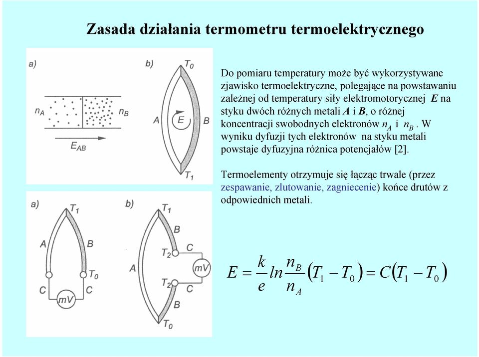 elektronów n A i n B. W wyniku dyfuzji tych elektronów na styku metali powstaje dyfuzyjna różnica potencjałów [2].