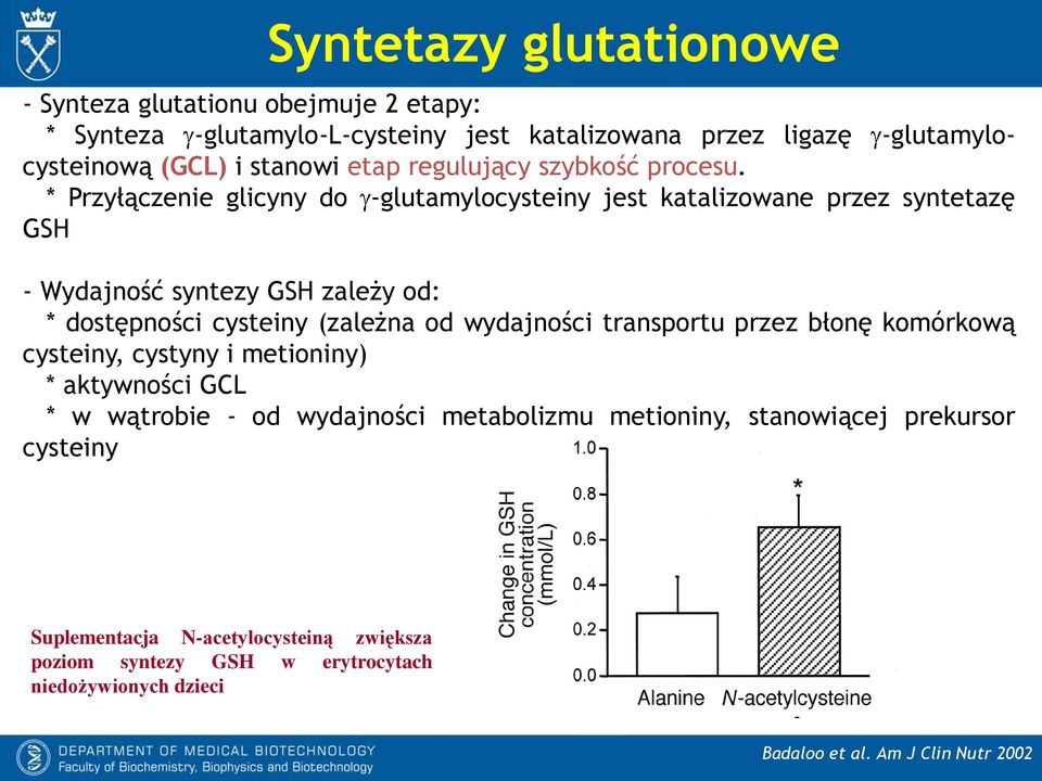 * Przyłączenie glicyny do -glutamylocysteiny jest katalizowane przez syntetazę GSH - Wydajność syntezy GSH zależy od: * dostępności cysteiny (zależna od wydajności