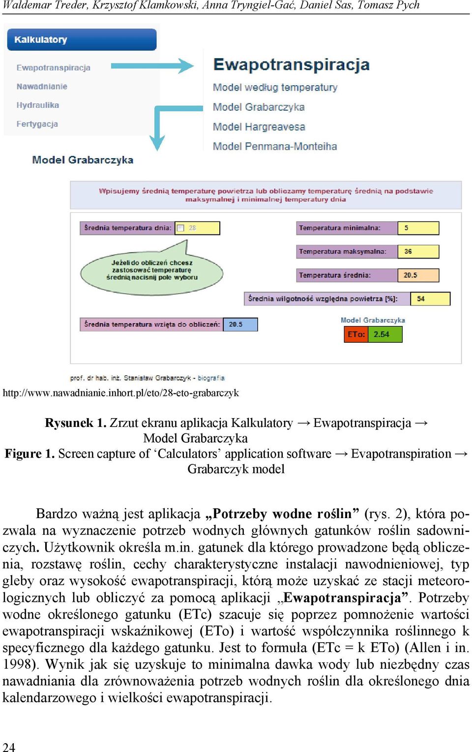 Screen capture of Calculators application software Evapotranspiration Grabarczyk model Bardzo ważną jest aplikacja Potrzeby wodne roślin (rys.