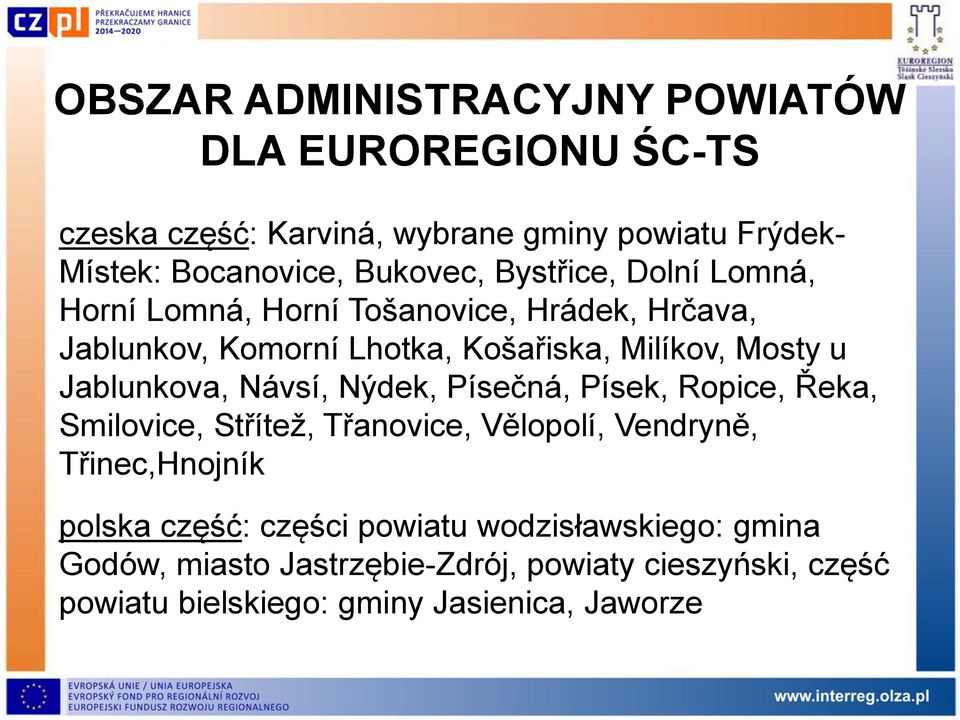 Jablunkova, Návsí, Nýdek, Písečná, Písek, Ropice, Řeka, Smilovice, Střítež, Třanovice, Vělopolí, Vendryně, Třinec,Hnojník polska