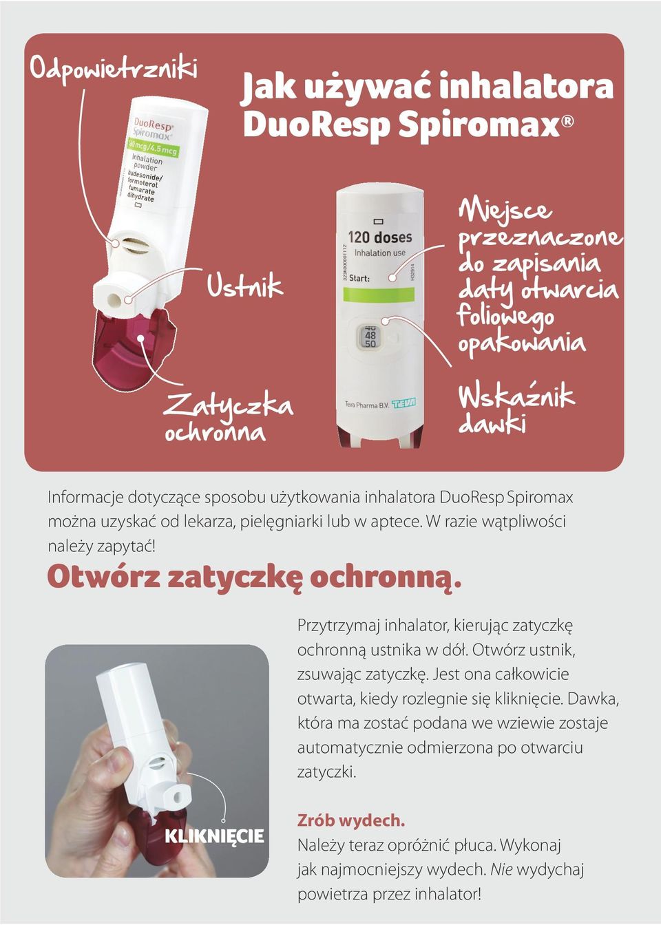 Przytrzymaj inhalator, kierując zatyczkę ochronną ustnika w dół. Otwórz ustnik, zsuwając zatyczkę. Jest ona całkowicie otwarta, kiedy rozlegnie się kliknięcie.