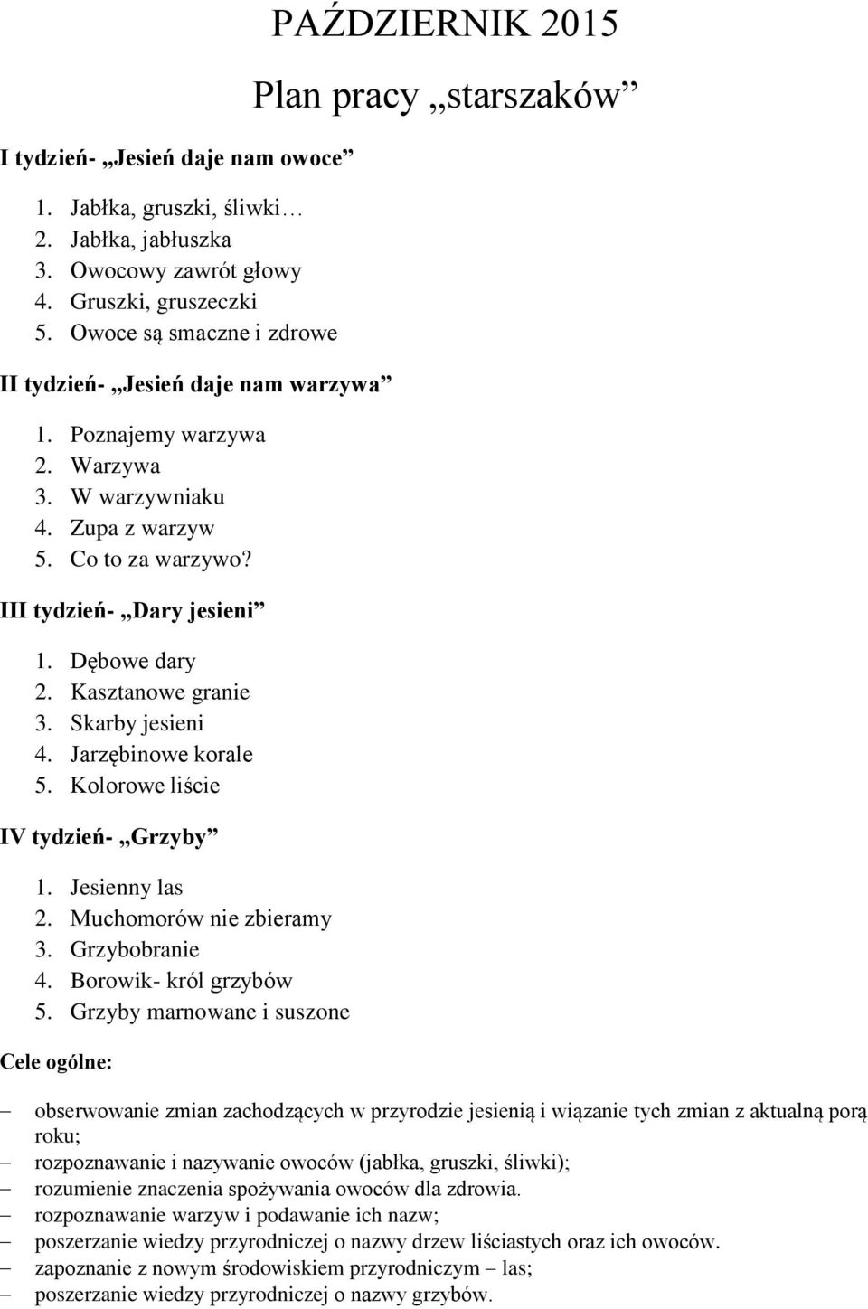 Kolorowe liście IV tydzień- Grzyby 1. Jesienny las 2. Muchomorów nie zbieramy 3. Grzybobranie 4. Borowik- król grzybów 5.