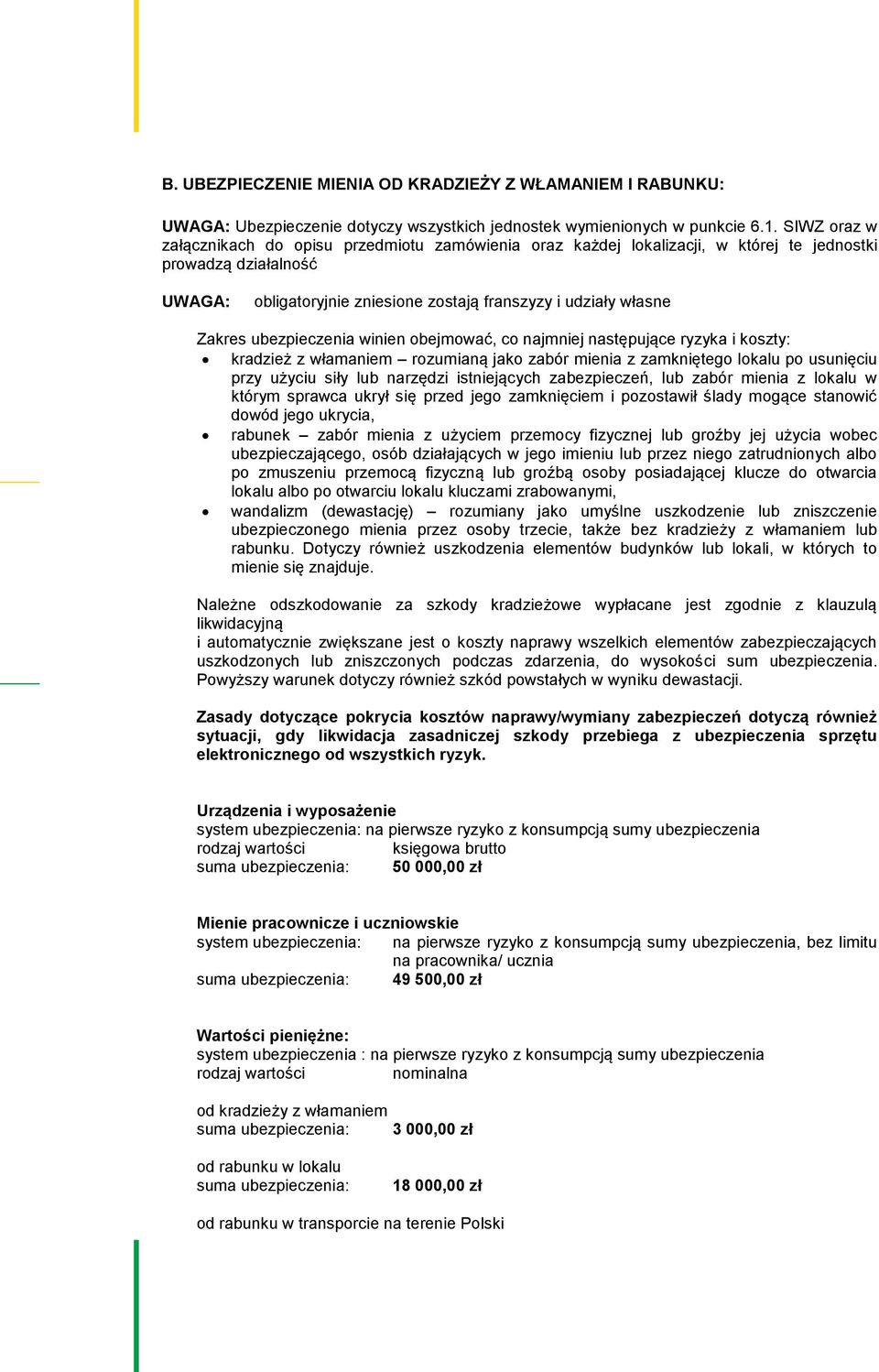 ubezpieczenia winien obejmować, co najmniej następujące ryzyka i koszty: kradzież z włamaniem rozumianą jako zabór mienia z zamkniętego lokalu po usunięciu przy użyciu siły lub narzędzi istniejących