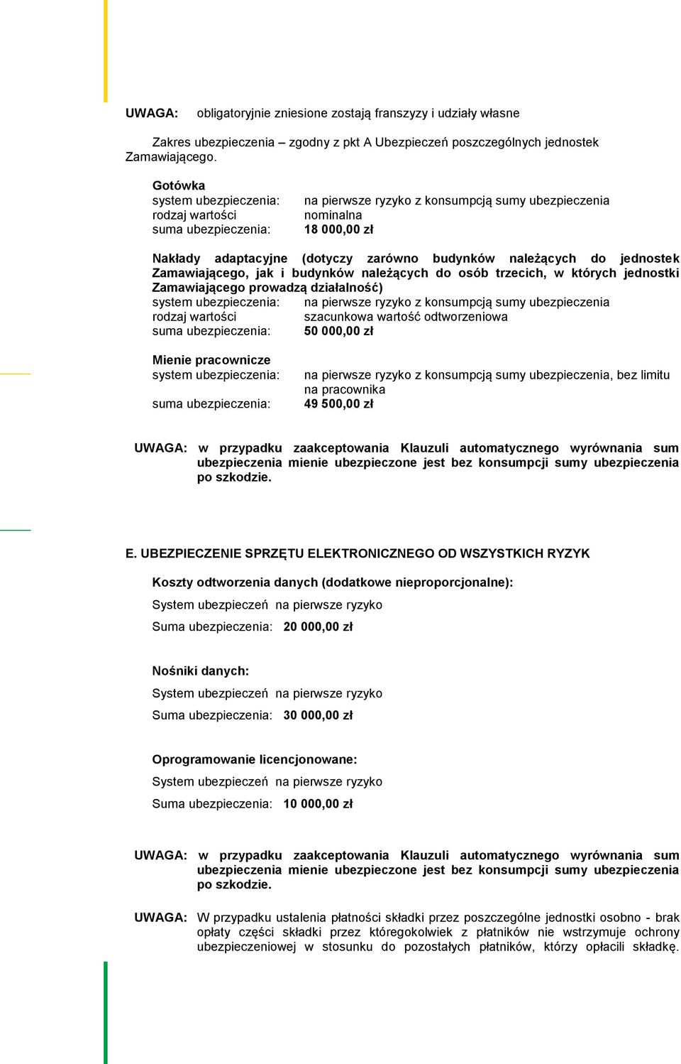 jednostek Zamawiającego, jak i budynków należących do osób trzecich, w których jednostki Zamawiającego prowadzą działalność) system ubezpieczenia: na pierwsze ryzyko z konsumpcją sumy ubezpieczenia