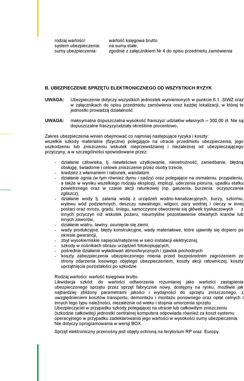 SIWZ oraz w załącznikach do opisu przedmiotu zamówienia oraz każdej lokalizacji, w której te jednostki prowadzą działalność maksymalna dopuszczalna wysokość franszyz/ udziałów własnych 300,00 zł.