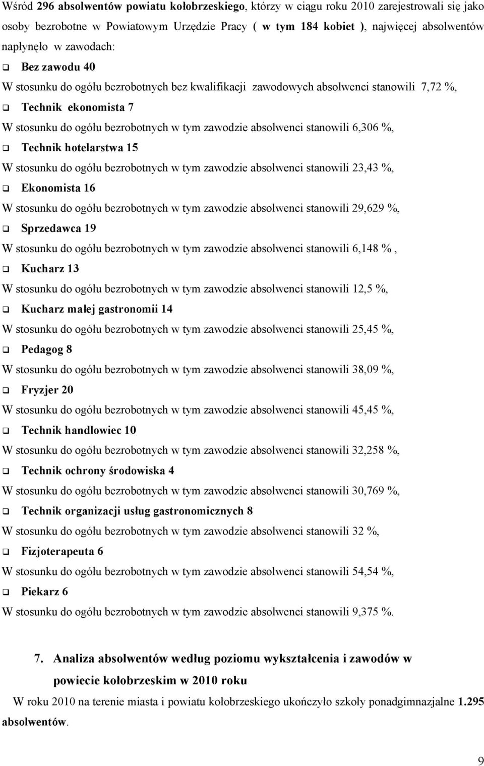 stanowili 6,306 %, Technik hotelarstwa 15 W stosunku do ogółu bezrobotnych w tym zawodzie absolwenci stanowili 23,43 %, Ekonomista 16 W stosunku do ogółu bezrobotnych w tym zawodzie absolwenci