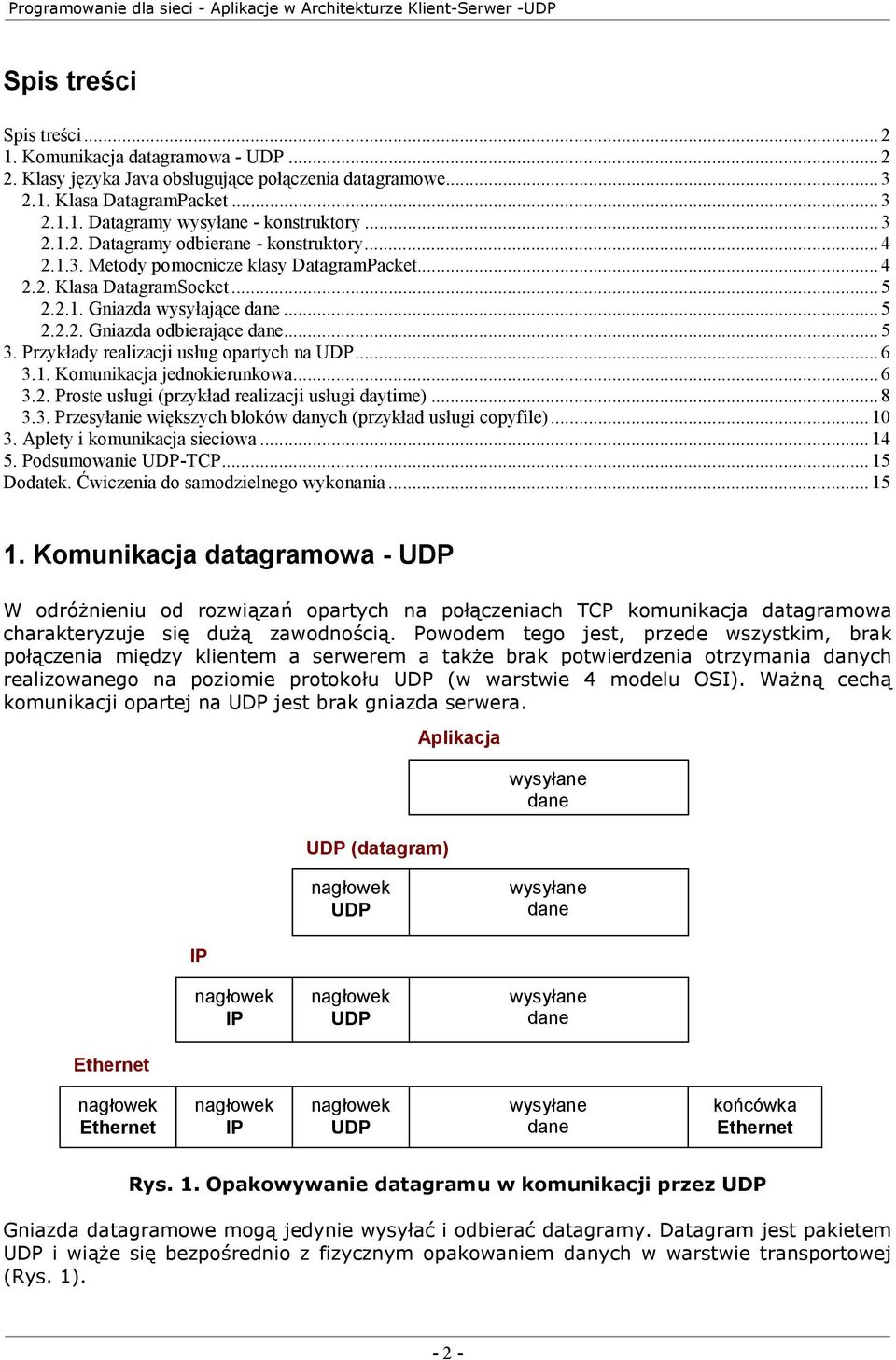 .. 5 3. Przykłady realizacji usług opartych na UDP...6 3.1. Komunikacja jednokierunkowa... 6 3.2. Proste usługi (przykład realizacji usługi daytime)... 8 3.3. Przesyłanie większych bloków danych (przykład usługi copyfile).