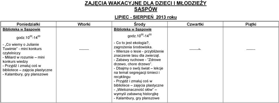 planszowe ---------- godz.10 00-14 00 - Co to jest ekologia?, zagrożenia środowiska. - Wiersze o lesie - przybliżenie znaczenie lasu dla zwierząt.