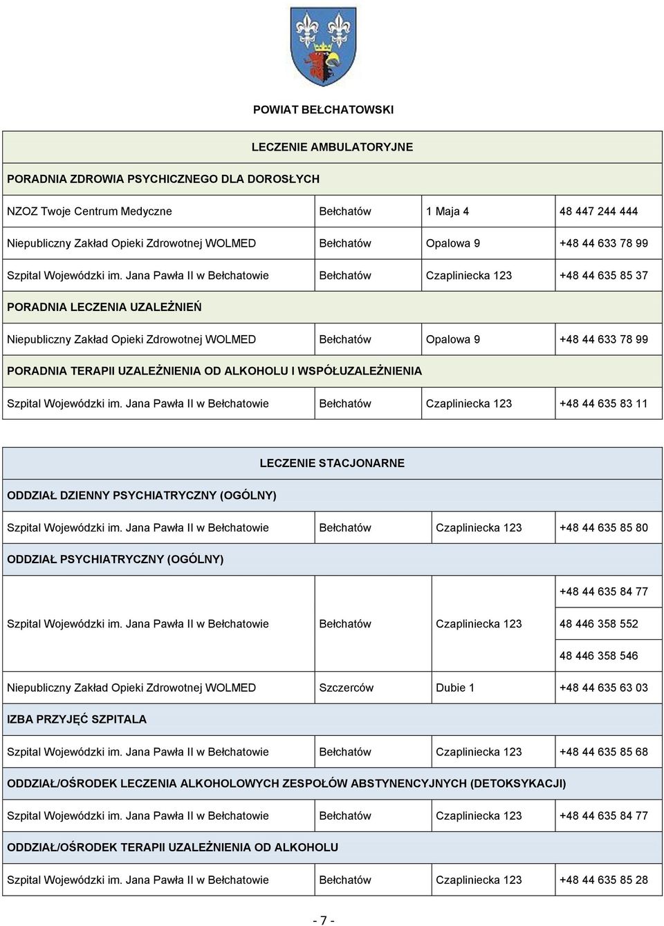 Jana Pawła II w Bełchatowie Bełchatów Czapliniecka 123 +48 44 635 85 37 PORADNIA LECZENIA UZALEŻNIEŃ Niepubliczny Zakład Opieki Zdrowotnej WOLMED Bełchatów Opalowa 9 +48 44 633 78 99 PORADNIA TERAPII
