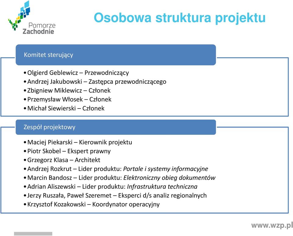 Architekt Andrzej Rozkrut Lider produktu: Portale i systemy informacyjne Marcin Bandosz Lider produktu: Elektroniczny obieg dokumentów Adrian