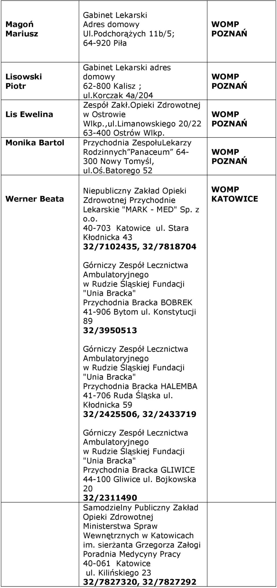 batorego 52 Zdrowotnej Przychodnie Lekarskie "MARK - MED" Sp. z o.o. 40-703 Katowice ul.