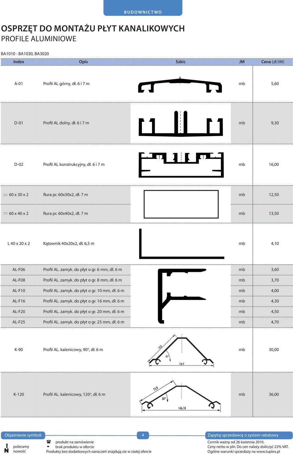 7 m mb 13,50 L 40 x 20 x 2 Kątownik 40x20x2, dł. 6,5 m mb 4,10 AL-f06 Profil AL. zamyk. do płyt o gr. 6 mm, dł. 6 m mb 3,60 AL-f08 Profil AL. zamyk. do płyt o gr. 8 mm, dł.