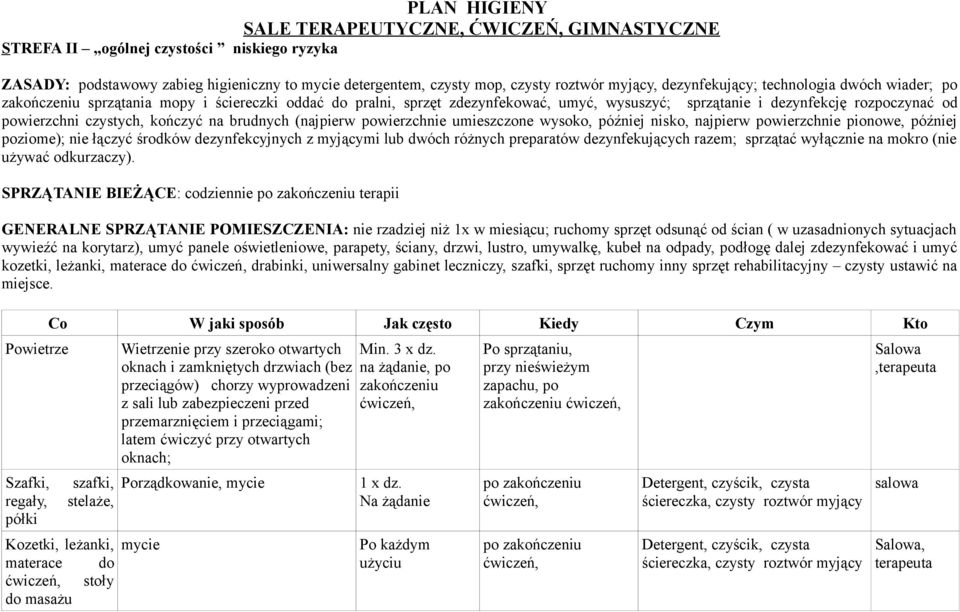 czystych, kończyć na brudnych (najpierw powierzchnie umieszczone wysoko, później nisko, najpierw powierzchnie pionowe, później poziome); nie łączyć środków dezynfekcyjnych z myjącymi lub dwóch