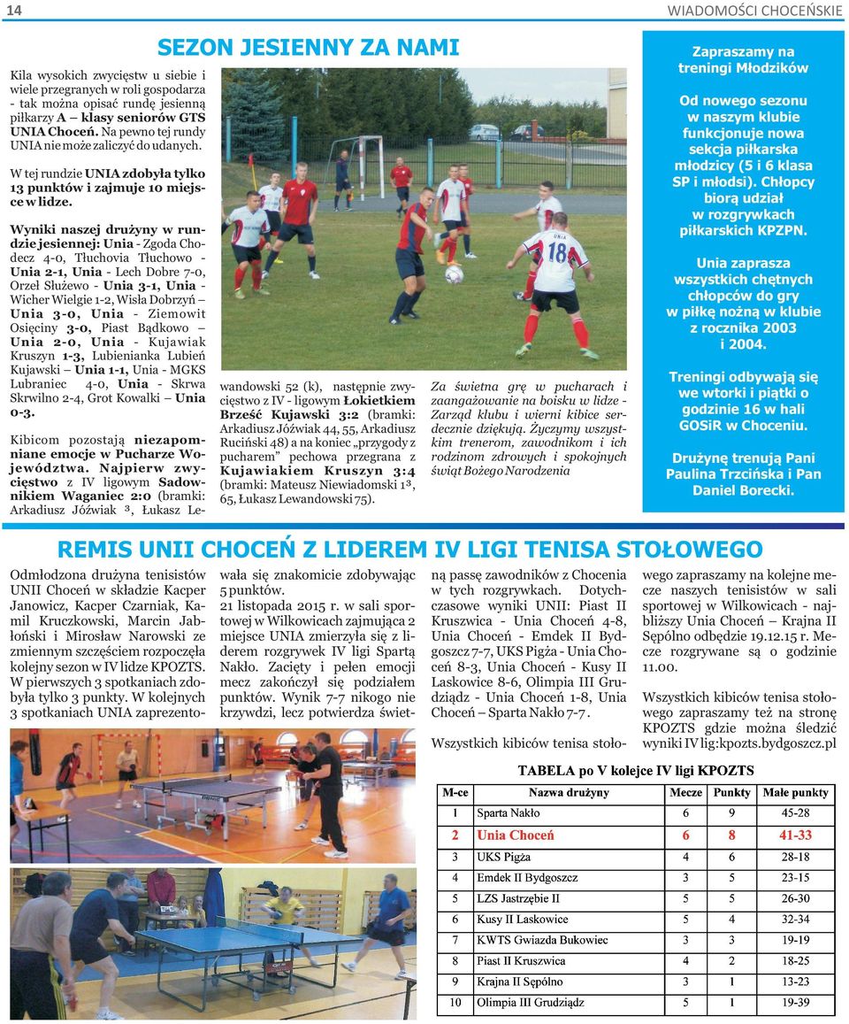Wyniki naszej drużyny w rundzie jesiennej: Unia - Zgoda Chodecz 4-0, Tłuchovia Tłuchowo - Unia 2-1, Unia - Lech Dobre 7-0, Orzeł Służewo - Unia 3-1, Unia - Wicher Wielgie 1-2, Wisła Dobrzyń Unia 3-0,