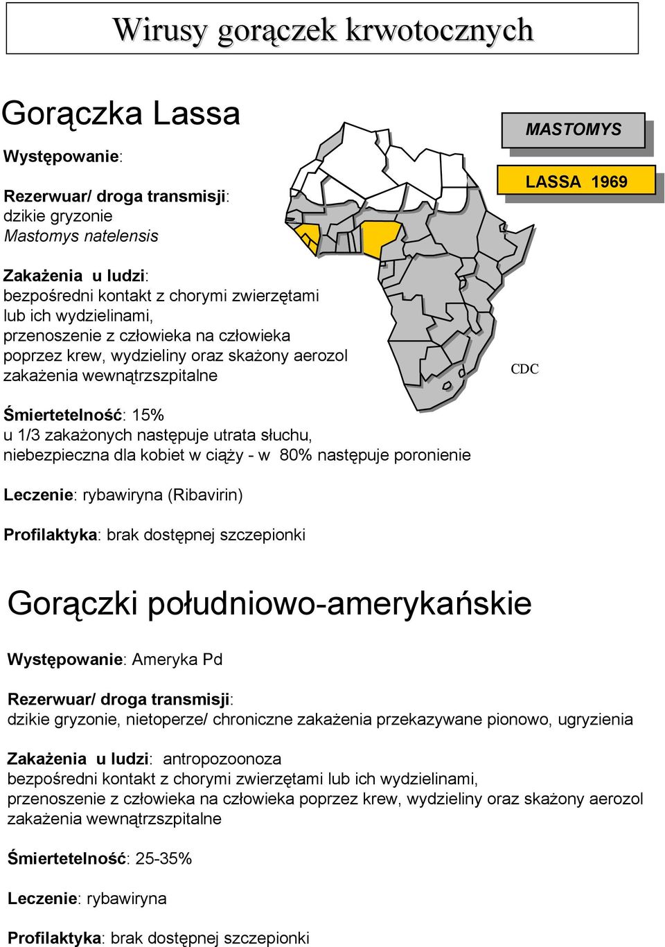 słuchu, niebezpieczna dla kobiet w ciąży - w 80% następuje poronienie Leczenie: rybawiryna (Ribavirin) Profilaktyka: brak dostępnej szczepionki Gorączki południowo-amerykańskie Występowanie: Ameryka