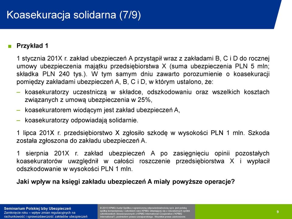 W tym samym dniu zawarto porozumienie o koasekuracji pomiędzy zakładami ubezpieczeń A, B, C i D, w którym ustalono, że: koasekuratorzy uczestniczą w składce, odszkodowaniu oraz wszelkich kosztach