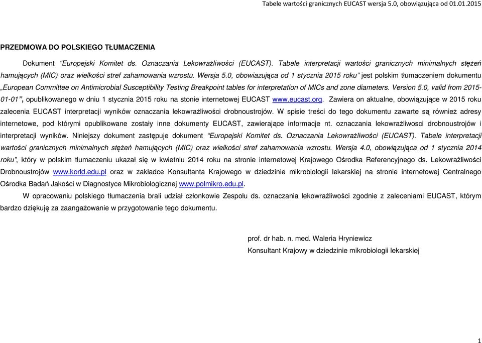 0, obowiazująca od 1 stycznia 2015 roku jest polskim tłumaczeniem dokumentu European Committee on Antimicrobial Susceptibility Testing Breakpoint tables for interpretation of MICs and zone diameters.