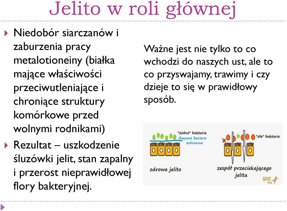 uszkodzenie śluzówki jelit, stan zapalny i przerost nieprawidłowej flory bakteryjnej.