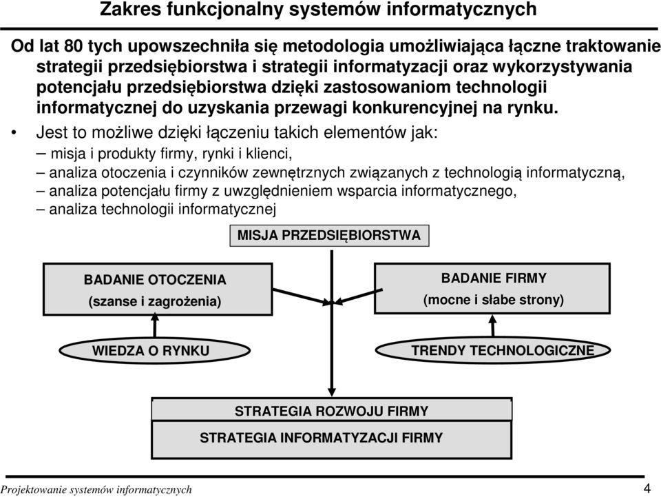 Jest to możliwe dzięki łączeniu takich elementów jak: misja i produkty firmy, rynki i klienci, analiza otoczenia i czynników zewnętrznych związanych z technologią informatyczną, analiza potencjału