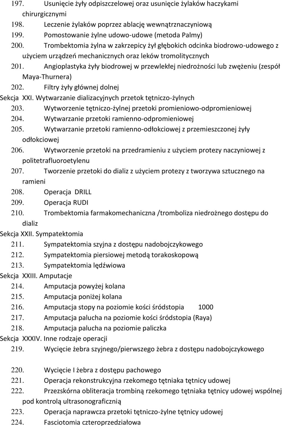 Angioplastyka żyły biodrowej w przewlekłej niedrożności lub zwężeniu (zespół Maya-Thurnera) 202. Filtry żyły głównej dolnej Sekcja XXI. Wytwarzanie dializacyjnych przetok tętniczo-żylnych 203.