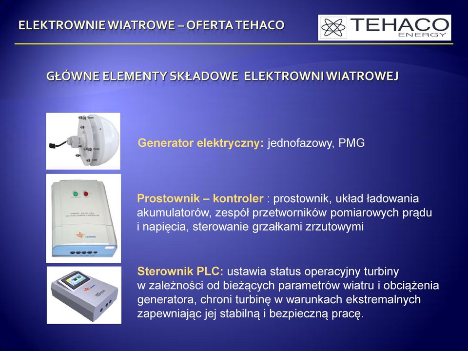 Sterownik PLC: ustawia status operacyjny turbiny w zależności od bieżących parametrów wiatru i