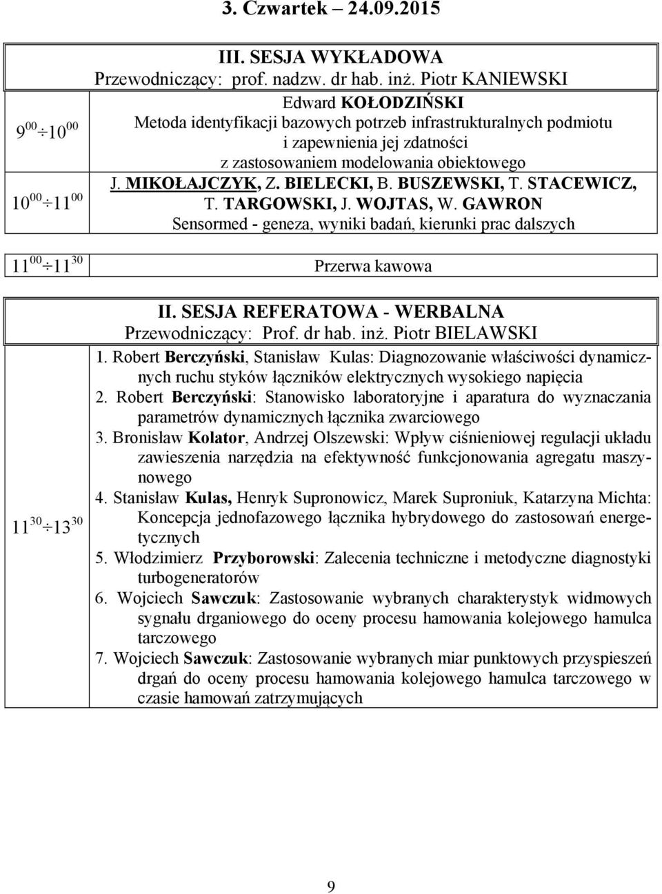 BIELECKI, B. BUSZEWSKI, T. STACEWICZ, 10 00 11 00 T. TARGOWSKI, J. WOJTAS, W. GAWRON Sensormed - geneza, wyniki badań, kierunki prac dalszych 11 00 11 30 Przerwa kawowa 11 30 13 30 II.