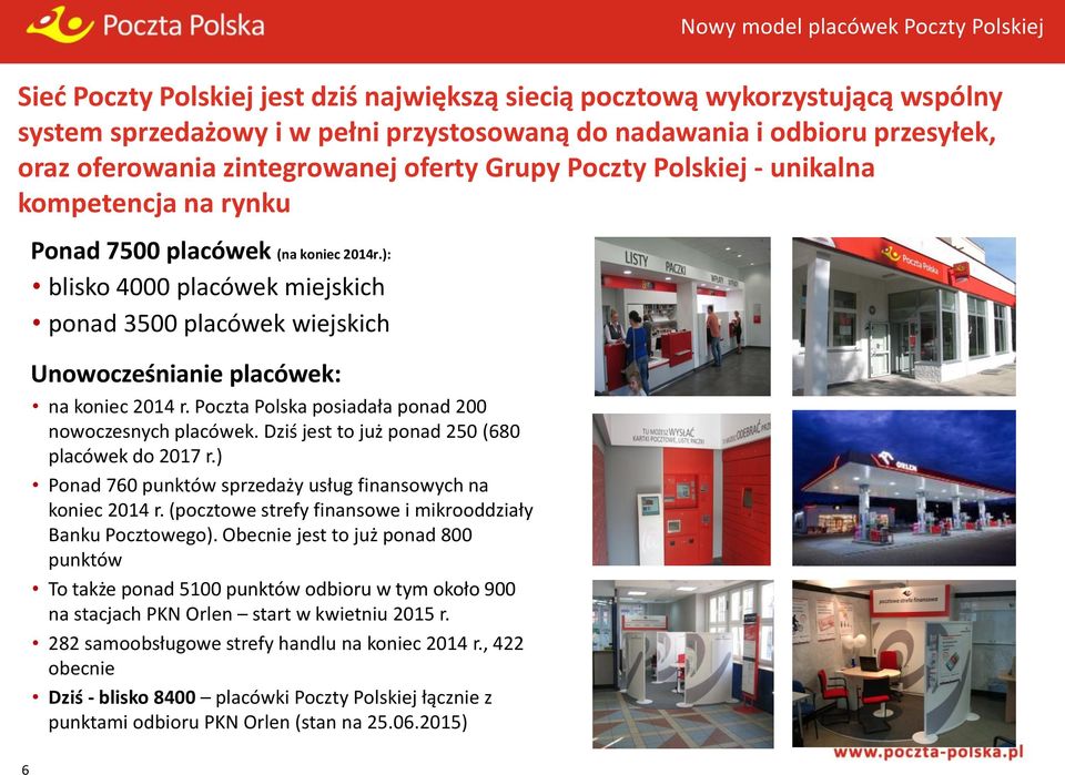 ): blisko 4000 placówek miejskich ponad 3500 placówek wiejskich Unowocześnianie placówek: na koniec 2014 r. Poczta Polska posiadała ponad 200 nowoczesnych placówek.