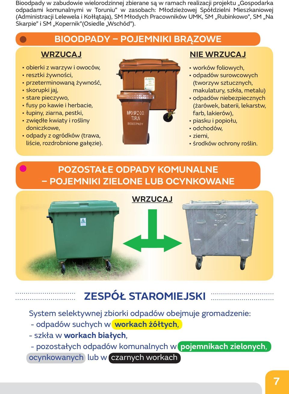 BIOODPADY POJEMNIKI BRĄZOWE obierki z warzyw i owoców, resztki żywności, przeterminowaną żywność, skorupki jaj, stare pieczywo, fusy po kawie i herbacie, łupiny, ziarna, pestki, zwiędłe kwiaty i