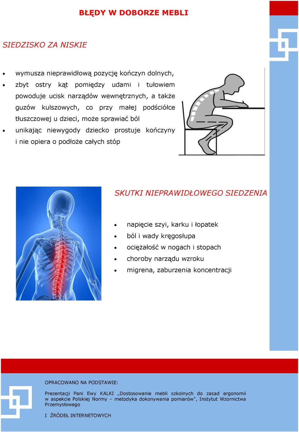 NIEPRAWIDŁOWEGO SIEDZENIA napięcie szyi, karku i łopatek ból i wady kręgosłupa ociężałość w nogach i stopach choroby narządu wzroku migrena, zaburzenia koncentracji OPRACOWANO NA