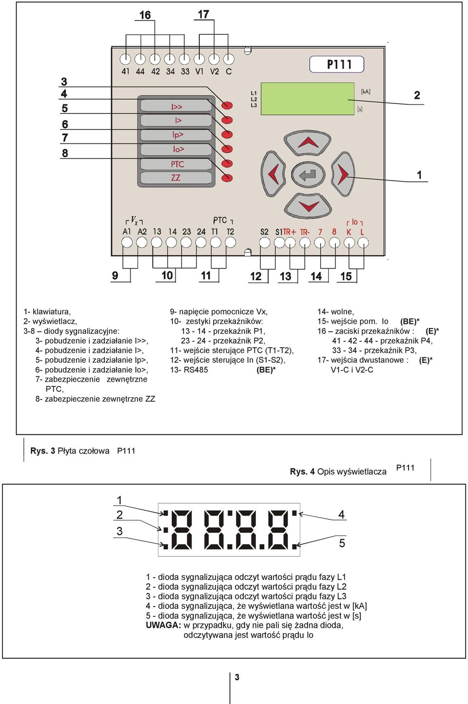 ZZ, 9-9- zaciski napięcie do pomocnicze podłączenia Vx, napięcia 10- zasilającego zestyki przekaźników: (pomocniczego), 10 - zestyki 13-14 przekaźników - P1, wyjściowych: 23-24 - przekaźnik P2, 11-13