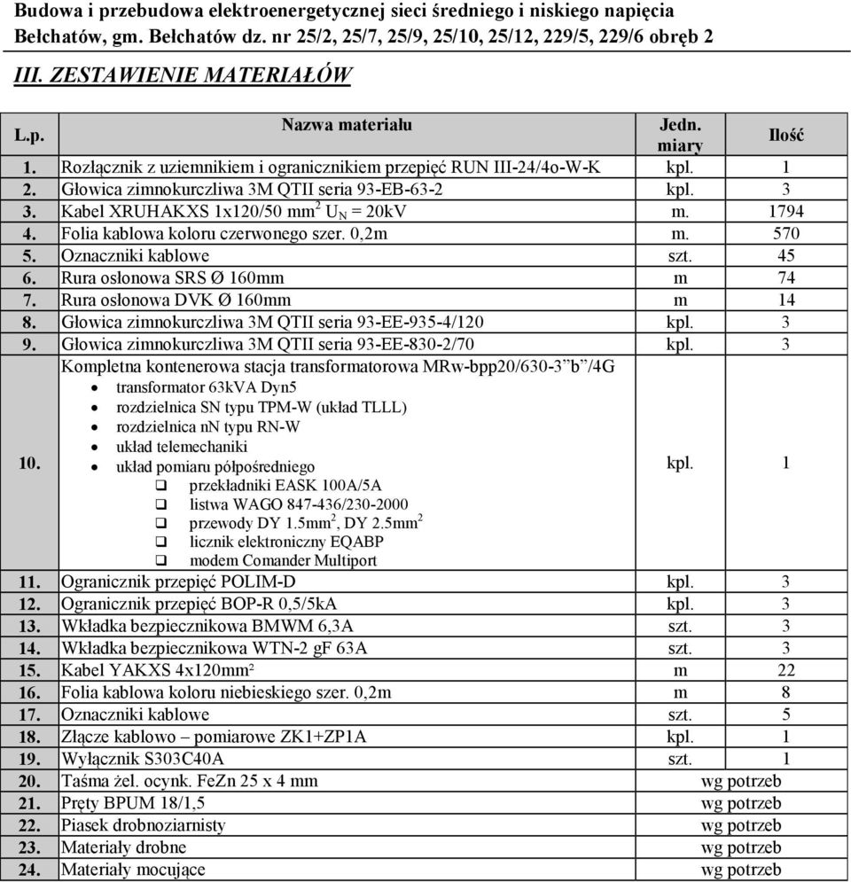 1794 4. Folia kablowa koloru czerwonego szer. 0,2m m. 570 5. Oznaczniki kablowe szt. 45 6. Rura osłonowa SRS Ø 160mm m 74 7. Rura osłonowa DVK Ø 160mm m 14 8.