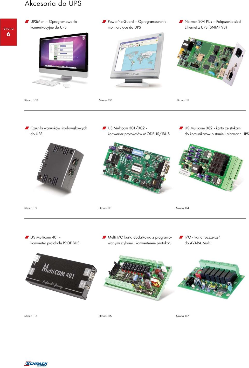protokołów MODBUS/JBUS w US Multicom 382 - karta ze stykami do komunikatów o stanie i alarmach UPS 112 113 114 w US Multicom 401 -
